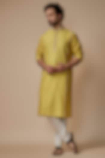 Olive Tussar Embroidered Kurta Set by Krishna Mehta Men at Pernia's Pop Up Shop