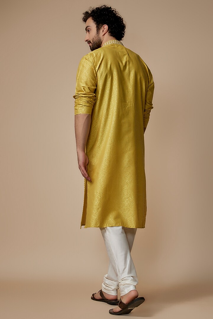 Olive Tussar Embroidered Kurta Set by Krishna Mehta Men at Pernia's Pop Up Shop