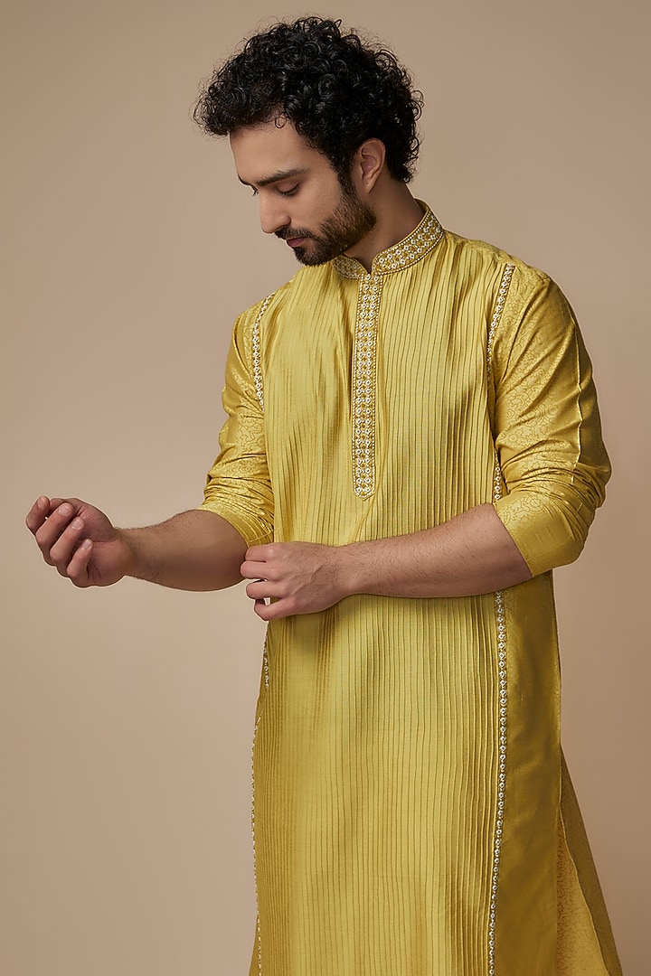 Olive Tussar Embroidered Kurta Set by Krishna Mehta Men at Pernia's Pop Up Shop
