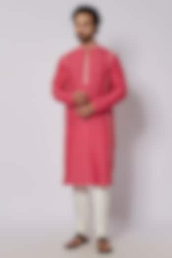 Pink Cotton Viscose Embroidered Kurta Set by Krishna Mehta Men