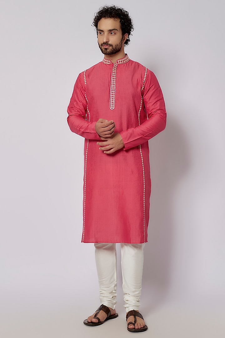 Pink Cotton Viscose Embroidered Kurta Set by Krishna Mehta Men