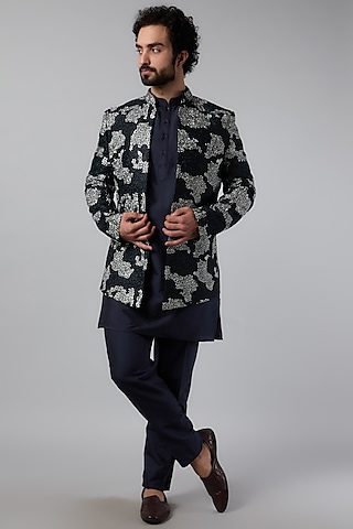 Navy Blue Cotton Viscose Embroidered Indowestern Set by Krishna Mehta Men