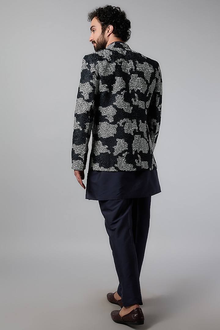 Navy Blue Cotton Viscose Embroidered Wedding Indowestern Set by Krishna Mehta Men at Pernia's Pop Up Shop