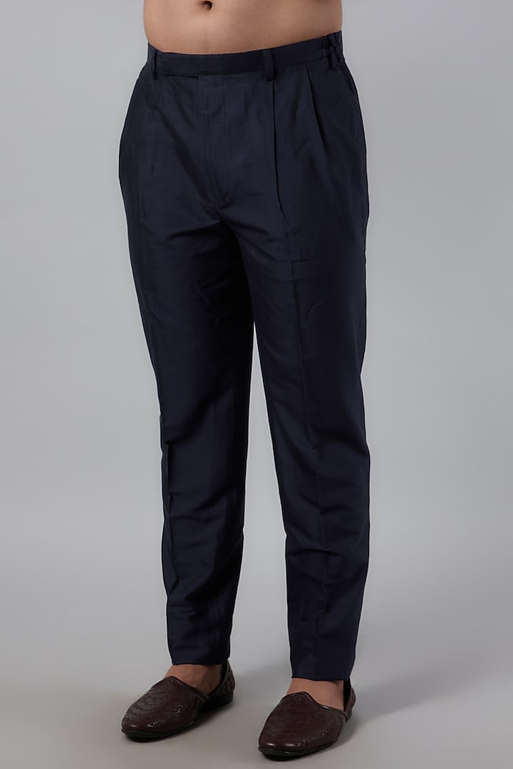 Navy Blue Cotton Viscose Embroidered Wedding Indowestern Set by Krishna Mehta Men at Pernia's Pop Up Shop