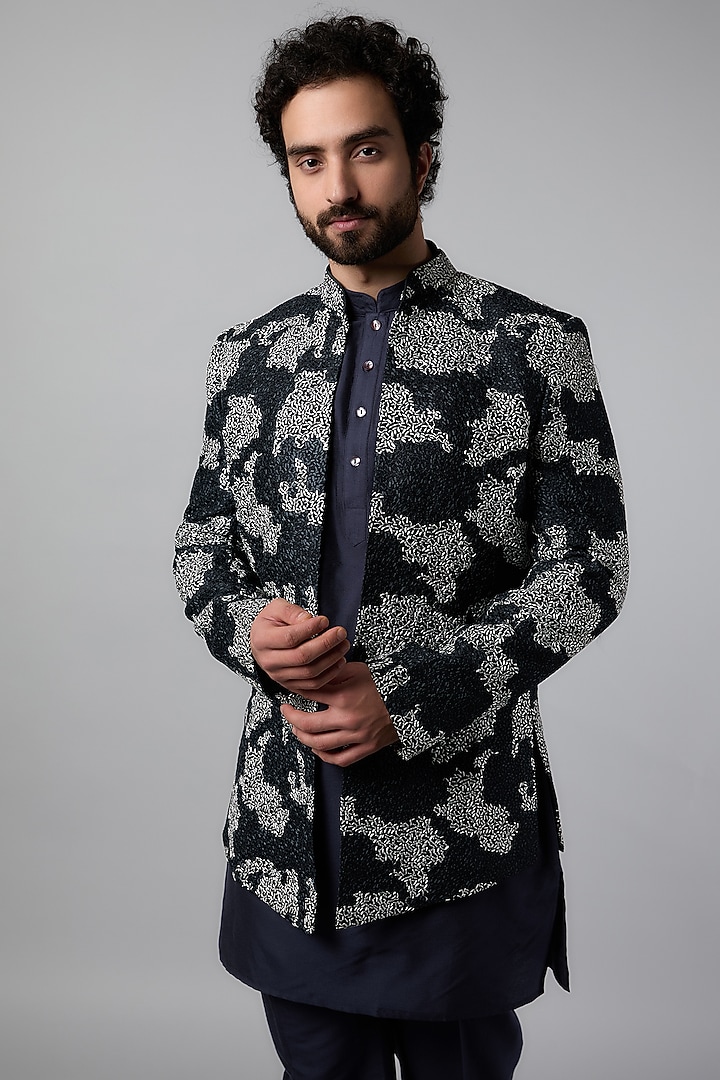 Navy Blue Cotton Viscose Embroidered Wedding Indowestern Set by Krishna Mehta Men at Pernia's Pop Up Shop