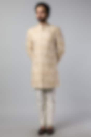 Ivory Raw Silk Wedding Sherwani Set by Krishna Mehta Men at Pernia's Pop Up Shop