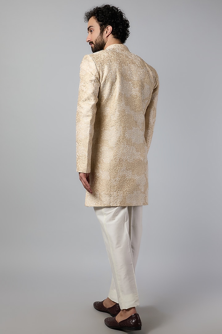 Ivory Raw Silk Wedding Sherwani Set by Krishna Mehta Men at Pernia's Pop Up Shop