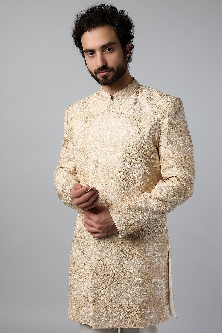 Ivory Raw Silk Wedding Sherwani Set by Krishna Mehta Men at Pernia's Pop Up Shop