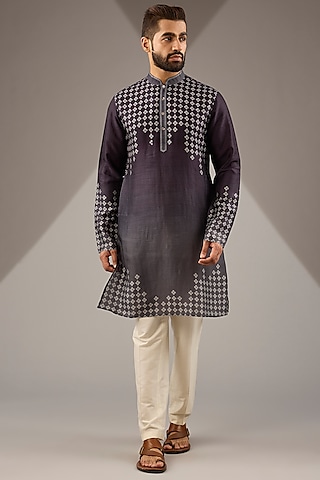 Grey Shaded Raw Silk Block Printed Short Kurta Set by Krishna Mehta Men
