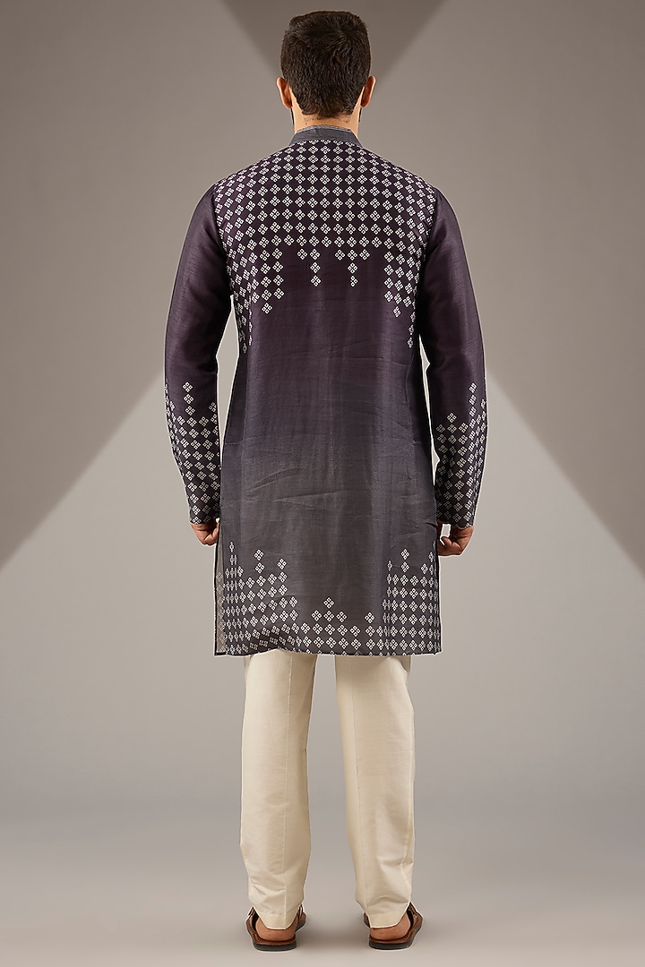 Grey Shaded Raw Silk Block Printed Short Kurta Set by Krishna Mehta Men at Pernia's Pop Up Shop