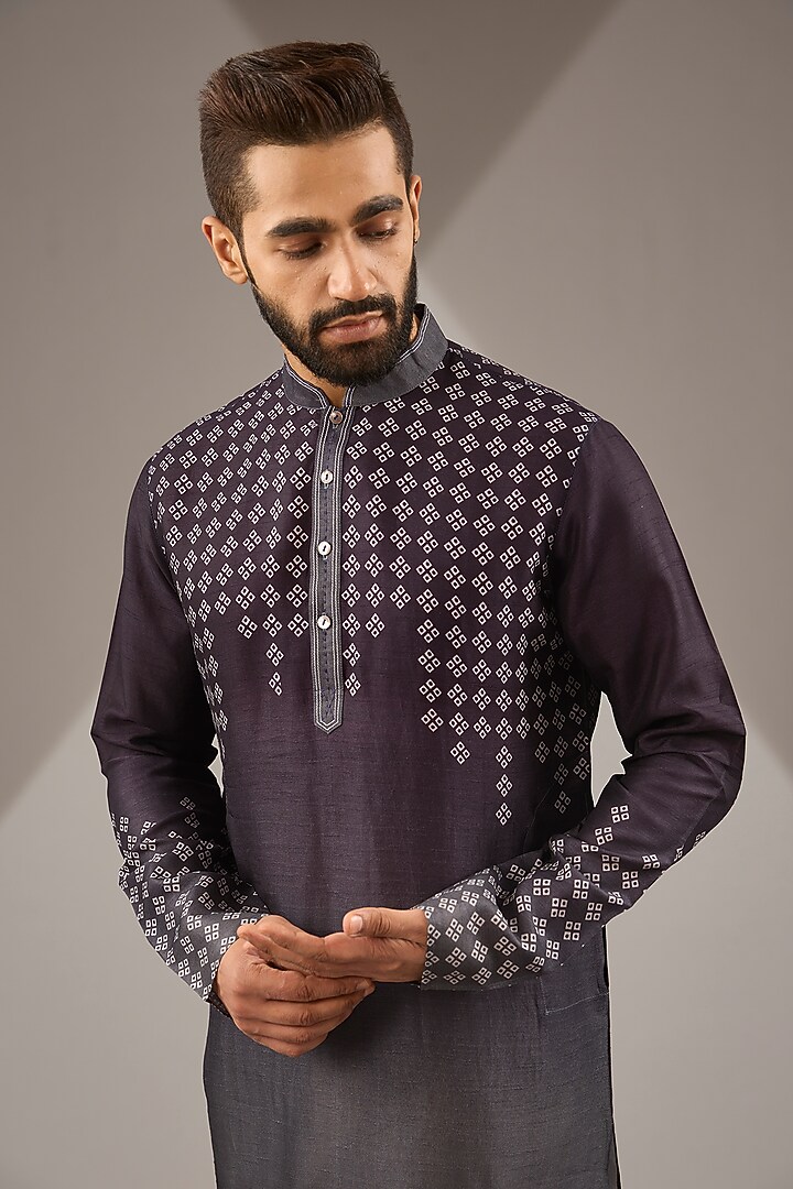Grey Shaded Raw Silk Block Printed Short Kurta Set by Krishna Mehta Men at Pernia's Pop Up Shop