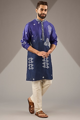 Purple Shaded Raw Silk Block Printed Short Kurta Set by Krishna Mehta Men
