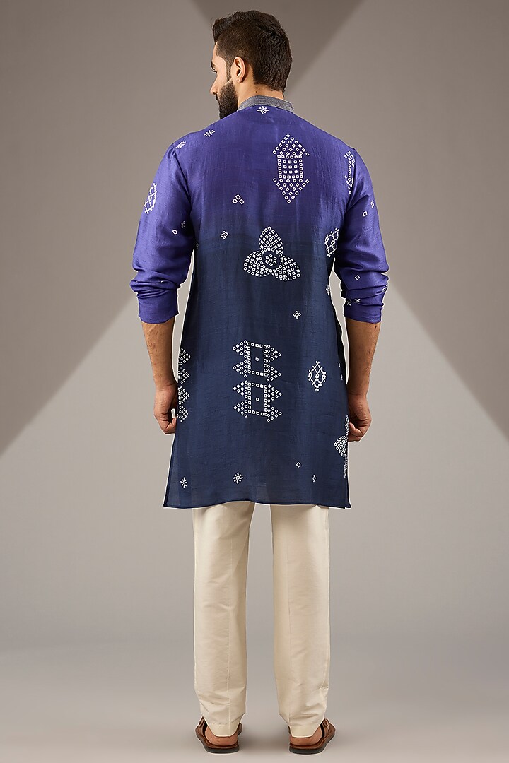 Purple Shaded Raw Silk Block Printed Short Kurta Set by Krishna Mehta Men at Pernia's Pop Up Shop