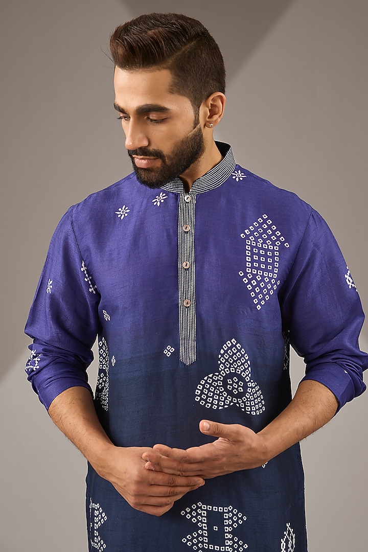Purple Shaded Raw Silk Block Printed Short Kurta Set by Krishna Mehta Men at Pernia's Pop Up Shop