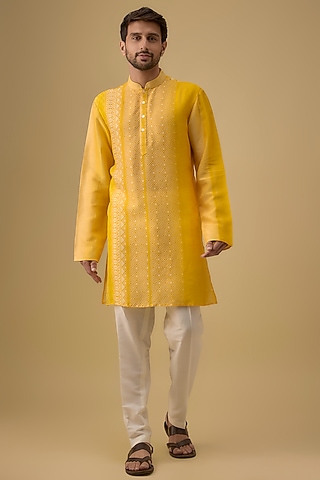 Yellow Raw Silk Block Printed Shaded Kurta Set by Krishna Mehta Men