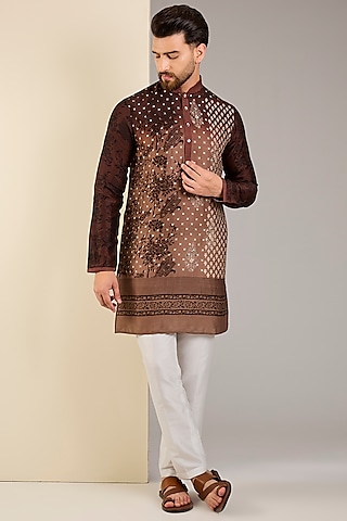Brown & Beige Raw Silk Block Printed Kurta Set by Krishna Mehta Men