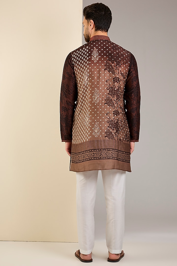 Brown & Beige Raw Silk Block Printed Kurta Set by Krishna Mehta Men at Pernia's Pop Up Shop