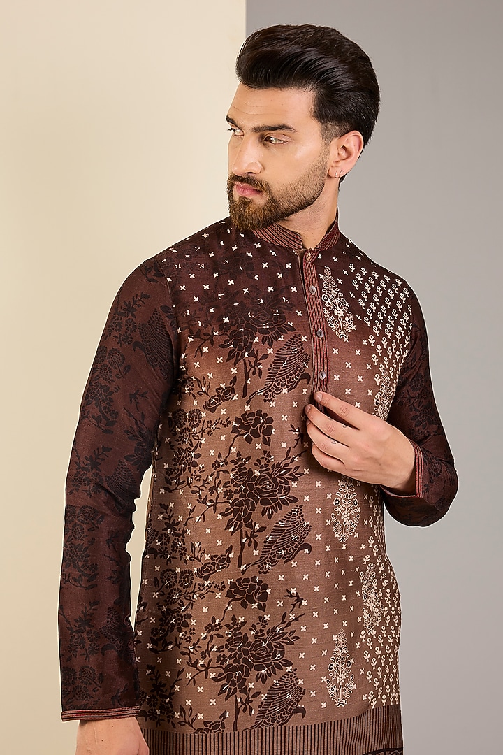 Brown & Beige Raw Silk Block Printed Kurta Set by Krishna Mehta Men at Pernia's Pop Up Shop
