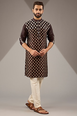 Brown Raw Silk Block Printed Short Kurta Set by Krishna Mehta Men