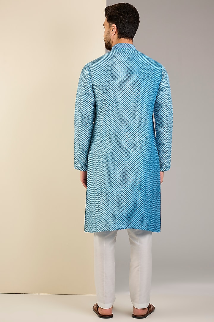 Blue Raw Silk Block Printed Kurta Set by Krishna Mehta Men at Pernia's Pop Up Shop
