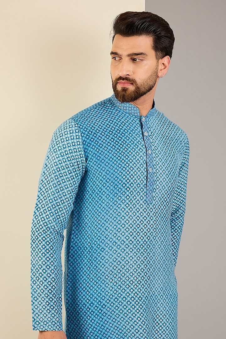 Blue Raw Silk Block Printed Kurta Set by Krishna Mehta Men at Pernia's Pop Up Shop