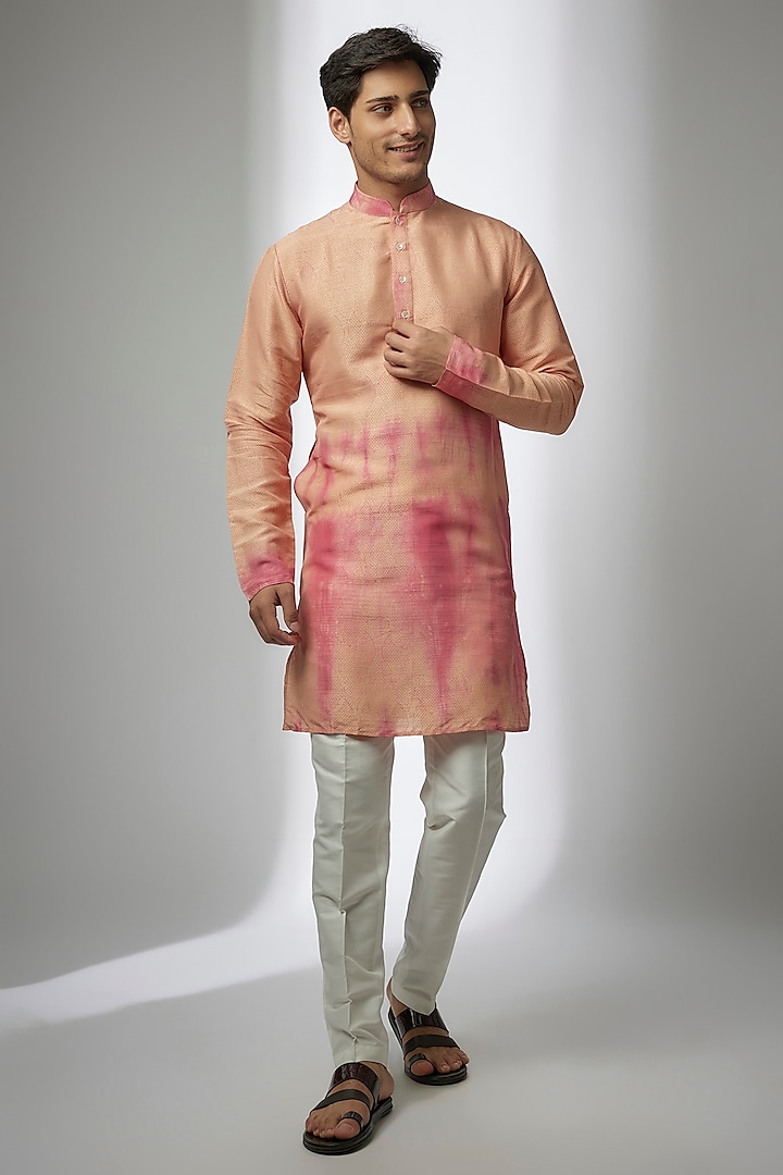 Peach Tussar Motifs Embroidered Kurta Set by Krishna Mehta Men at Pernia's Pop Up Shop