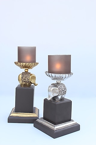 Brown Wood & Frost Glass Candle Holder Set by Karo