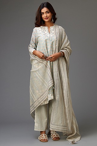Blue & Grey Silk Chanderi Printed A-line Kurta Set by Kora