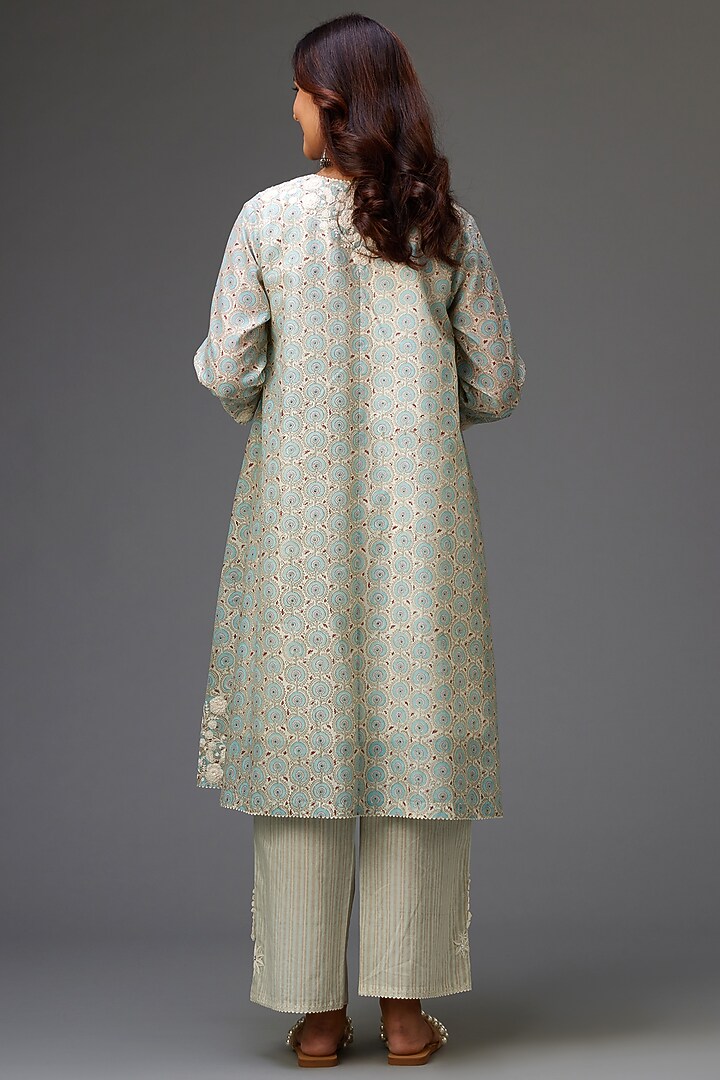 Blue & Grey Silk Chanderi Printed A-line Kurta Set by Kora at Pernia's Pop Up Shop