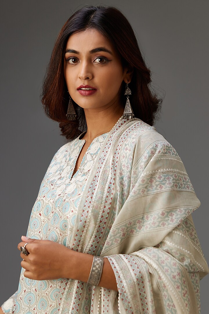 Blue & Grey Silk Chanderi Printed A-line Kurta Set by Kora at Pernia's Pop Up Shop
