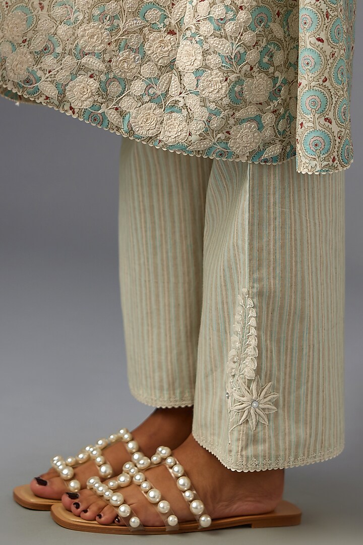 Blue & Grey Silk Chanderi Printed A-line Kurta Set by Kora at Pernia's Pop Up Shop