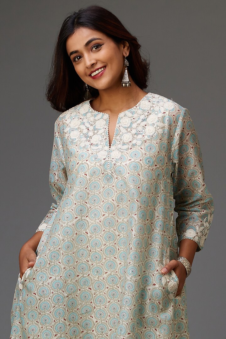 Blue & Grey Silk Chanderi Printed A-line Kurta Set by Kora at Pernia's Pop Up Shop