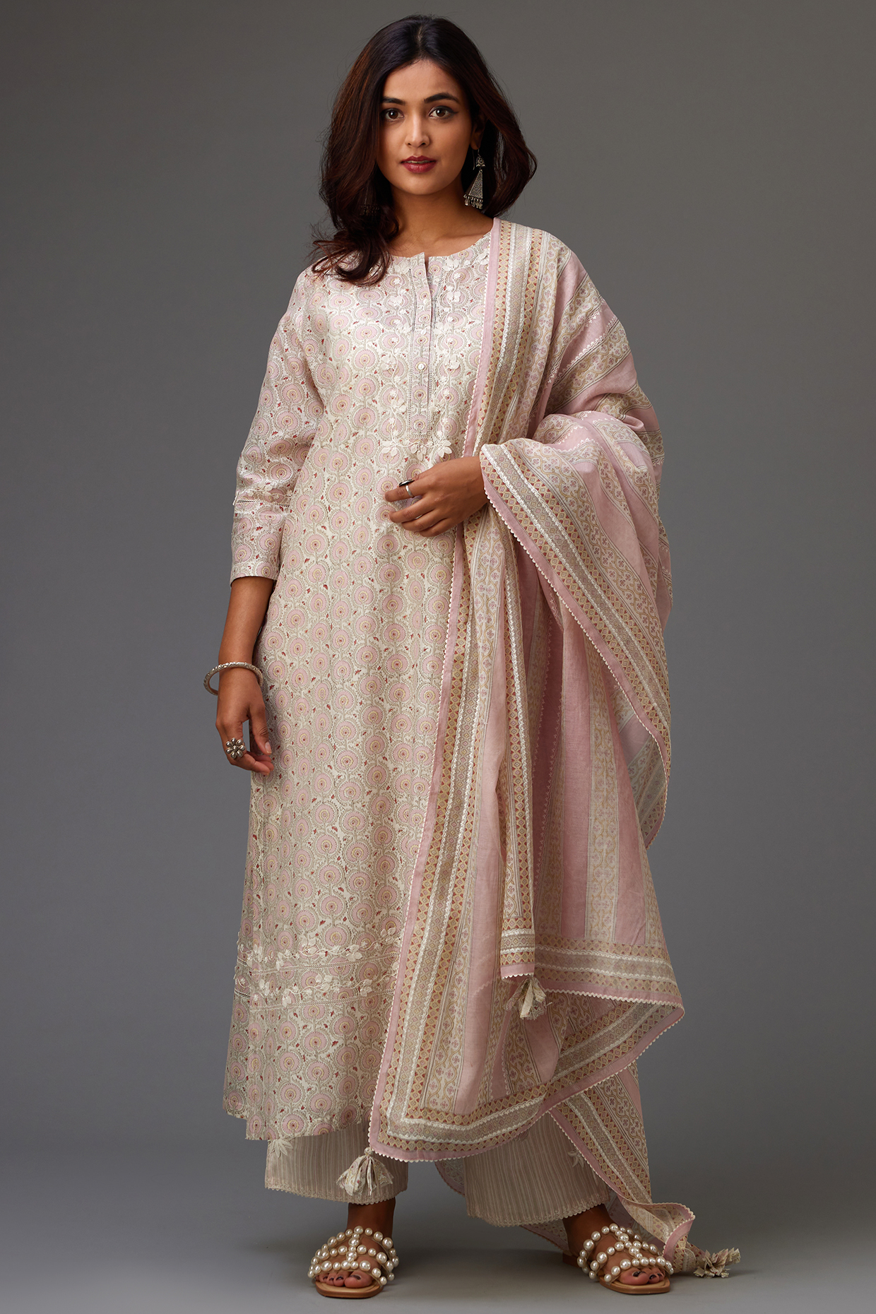 Pink & Grey Silk Chanderi Hand Block Printed Kurta Set by Kora at Pernia's Pop Up Shop