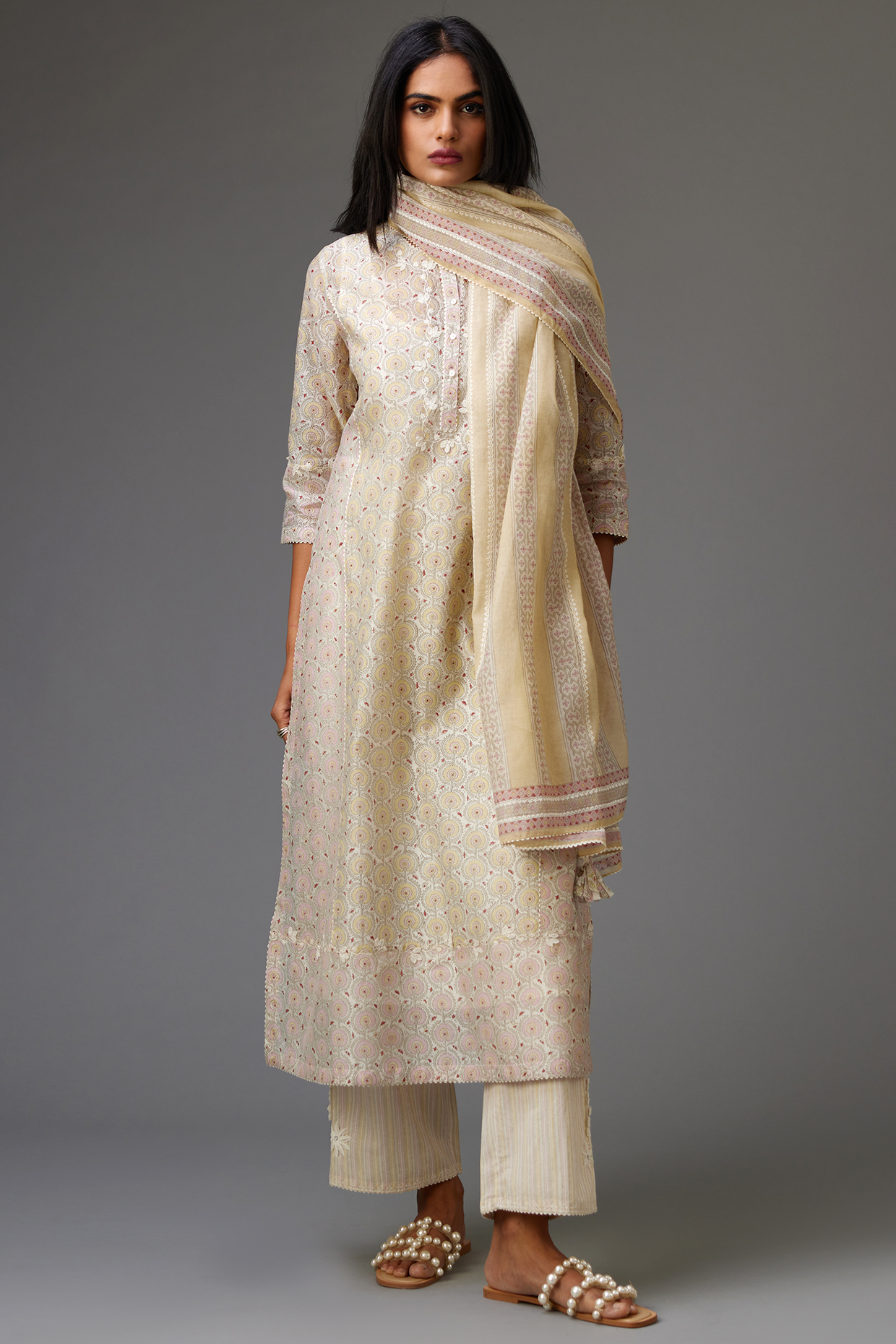 Multi-Colored Silk Chanderi Printed & Embroidered Kurta Set by Kora at Pernia's Pop Up Shop