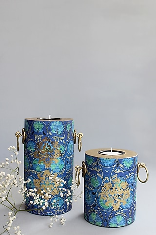 Blue Handcrafted Vamika Pillar Candle Holders (Set of 2) by Karo