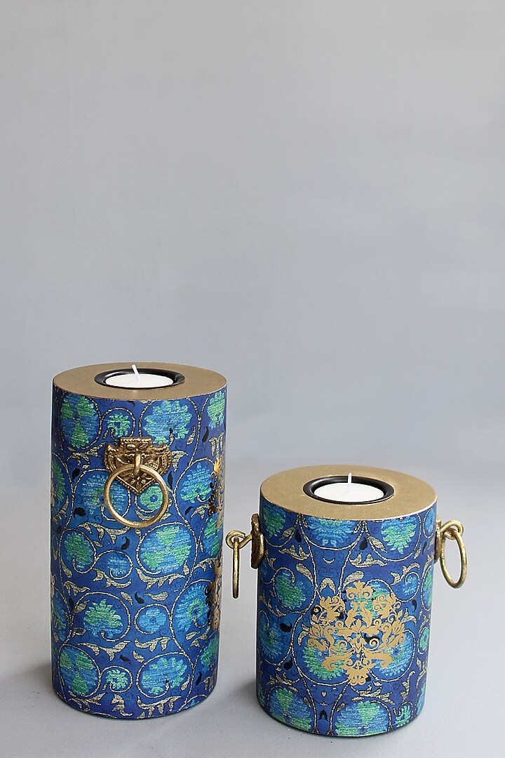 Blue Handcrafted Vamika Pillar Candle Holders (Set of 2) by Karo at Pernia's Pop Up Shop