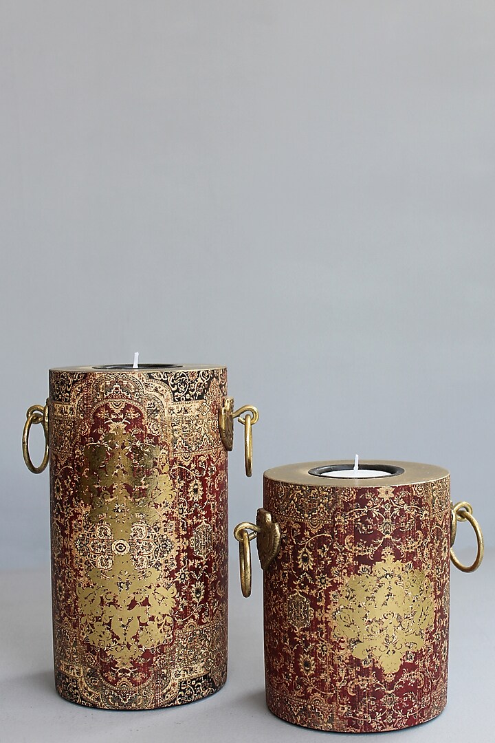 Brown Handcrafted Parijat Pillar Candle Holders (Set of 2) by Karo