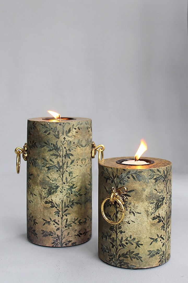 Green Handcrafted Bee Pillar Candle Holders (Set of 2) by Karo
