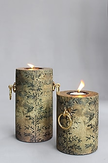Green Handcrafted Bee Pillar Candle Holders (Set of 2) by Karo-WEDDING GIFTING