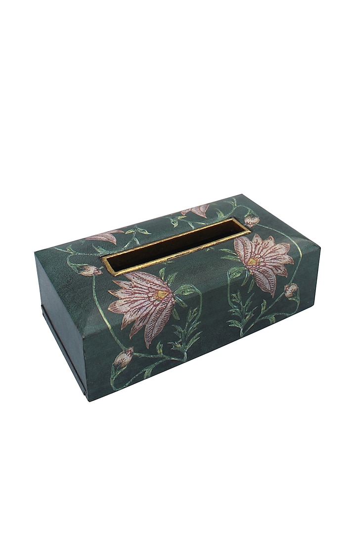 Dark Green MDF Lotus Print Handcrafted Tissue Box by Karo