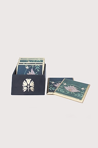 Dark Green MDF Handcrafted Coaster Set by Karo