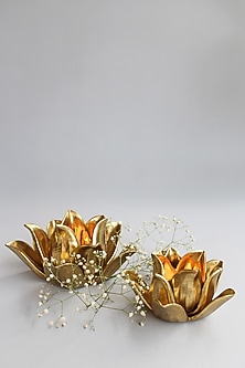 Gold Lotus Candle Holders (Set of 2) by Karo-GIFTS FOR THE FESTIVE SEASON