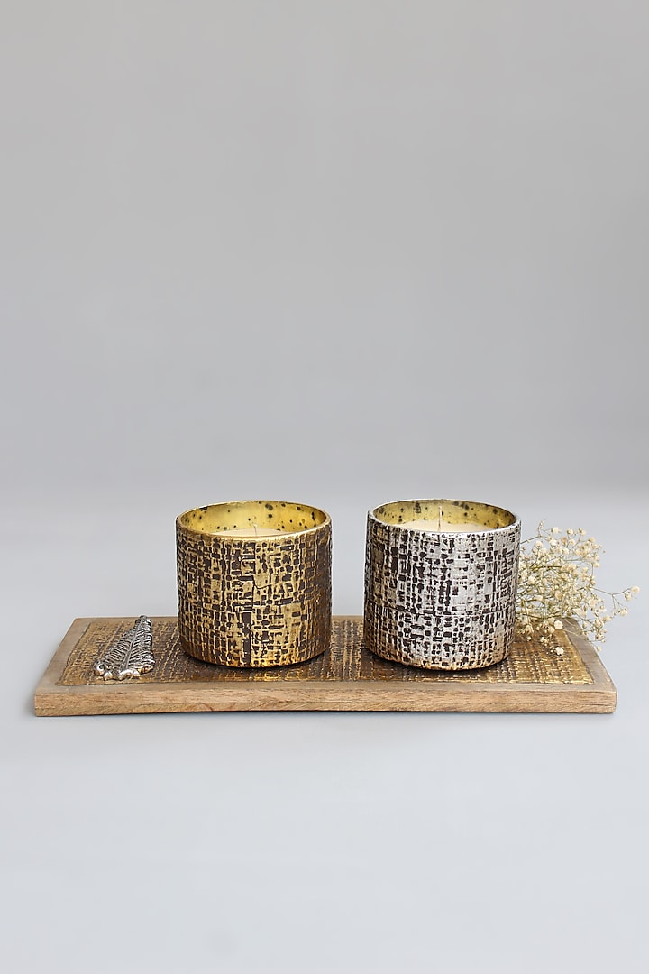 Gold & Silver Wood Candle Votives With Tray by Karo
