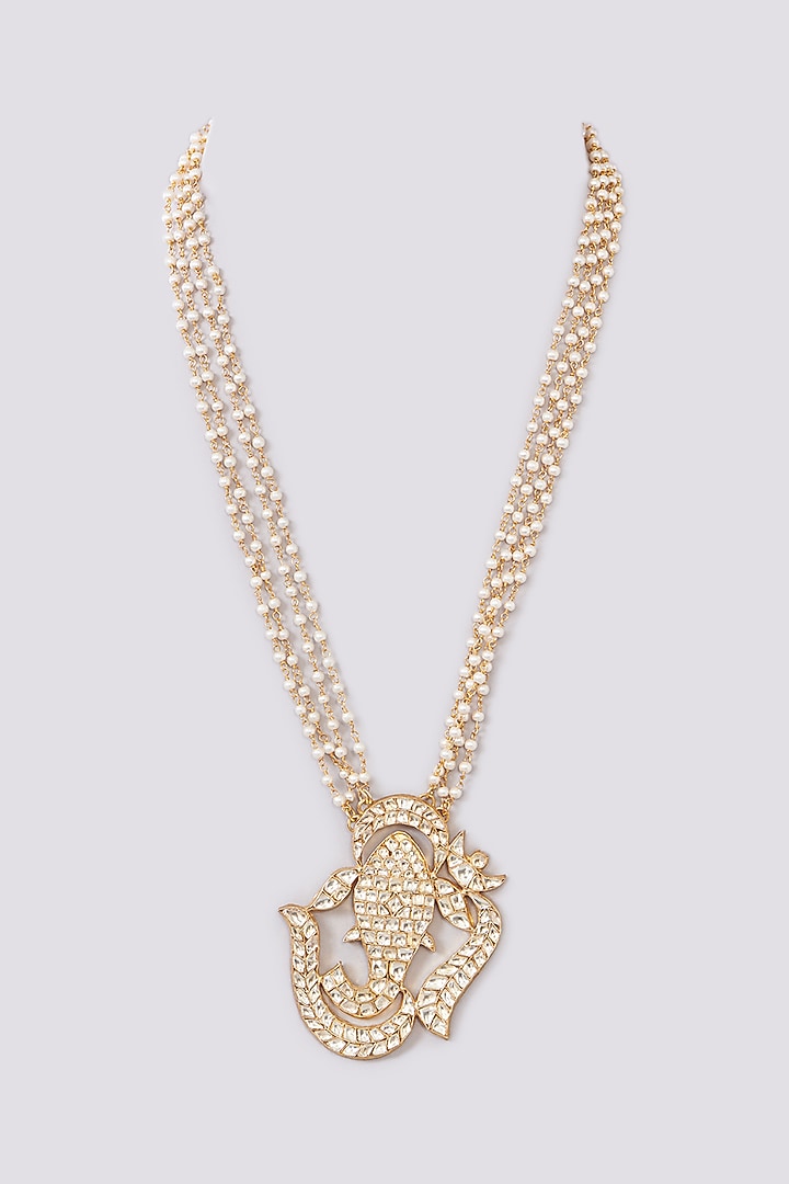 Gold Finish Kundan Polki & Pearl String Long Necklace by Kreart at Pernia's Pop Up Shop