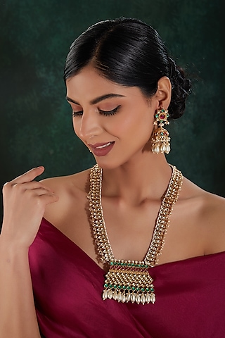 Gold Finish Kundan Polki & Pearl Beaded Long Necklace Set by Kreart