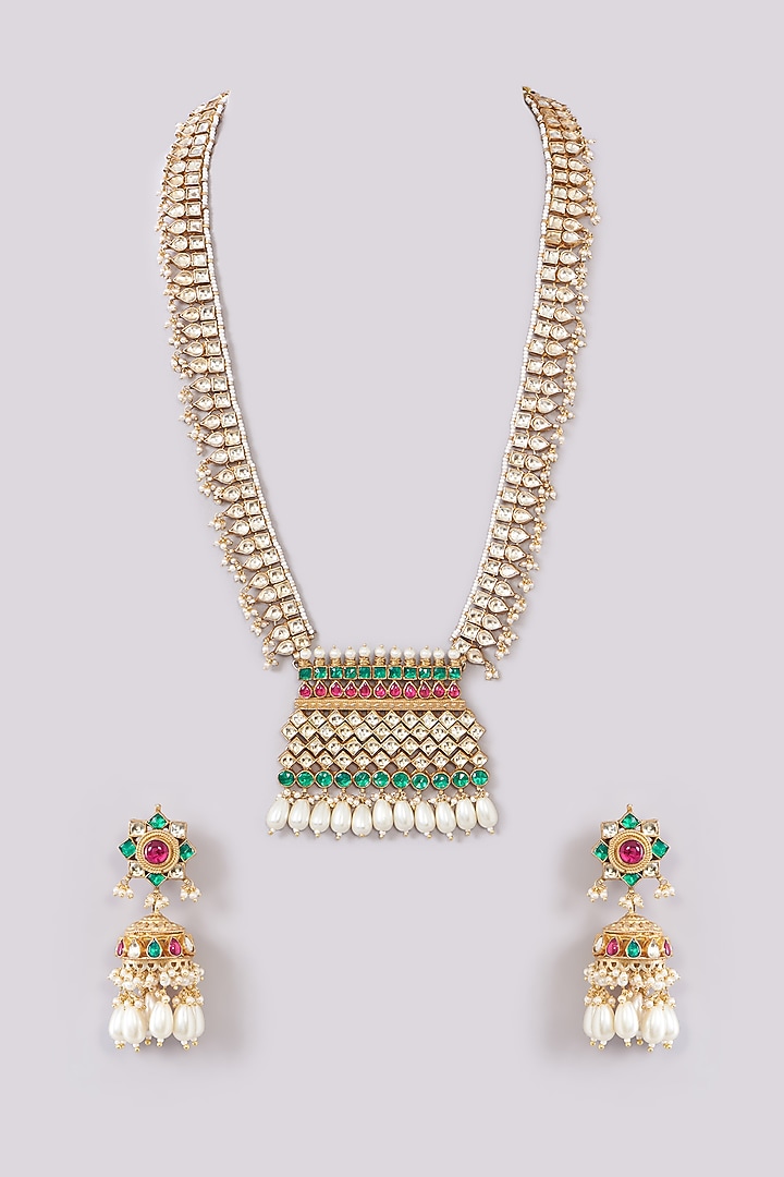 Gold Finish Kundan Polki & Pearl Beaded Long Necklace Set by Kreart at Pernia's Pop Up Shop