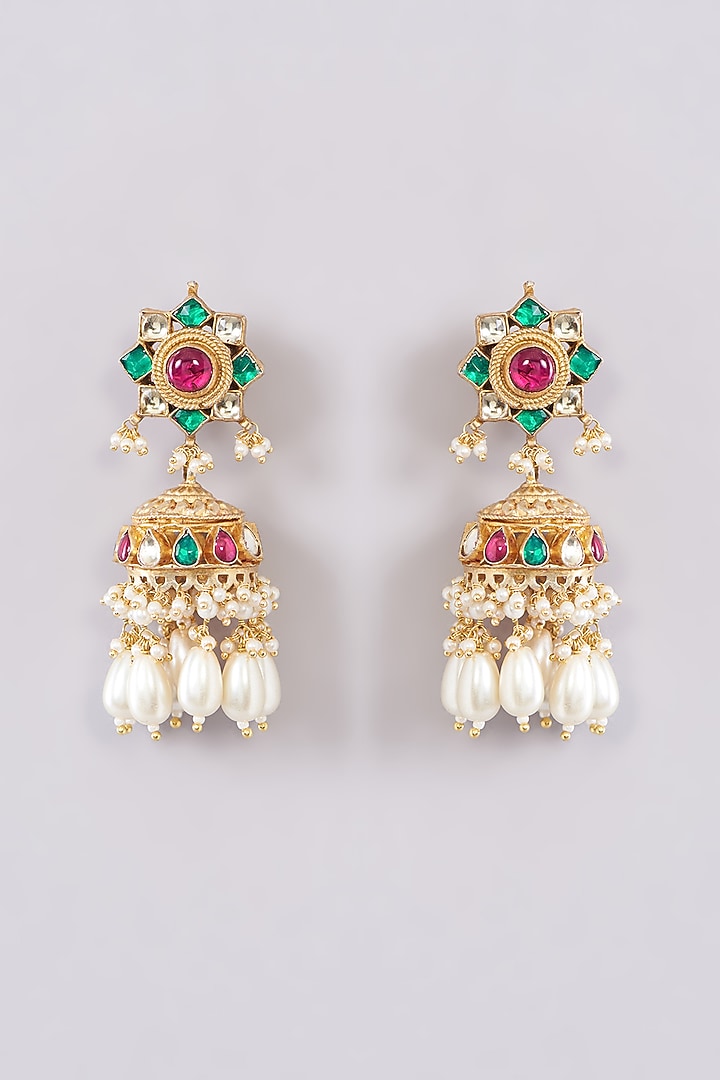 Gold Finish Kundan Polki & Pearl Beaded Long Necklace Set by Kreart at Pernia's Pop Up Shop
