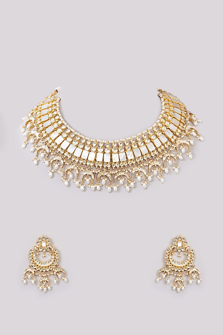 Gold Finish Kundan Polki & Mother Of Pearl Choker Necklace Set by Kreart at Pernia's Pop Up Shop