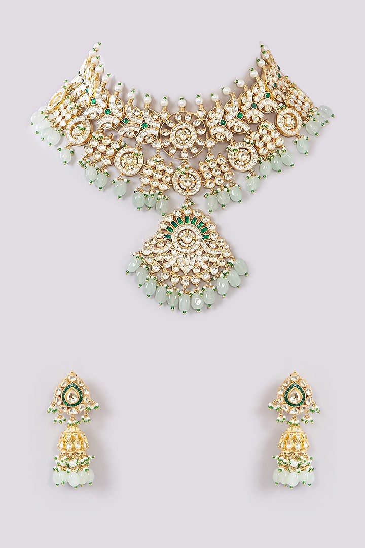 Gold Finish Kundan Polki & Green Stone Choker Necklace Set by Kreart at Pernia's Pop Up Shop