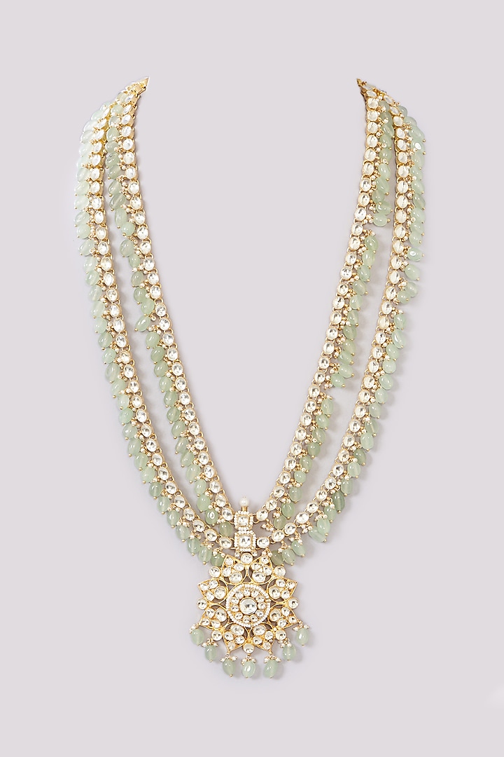 Gold Finish Kundan Polki & Fluorite Beaded Long Necklace by Kreart at Pernia's Pop Up Shop